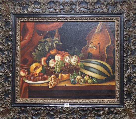 18th century style Dutch School, oil on canvas, still life with pomegranates, a melon and a violin on a ledge